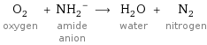 O_2 oxygen + (NH_2)^- amide anion ⟶ H_2O water + N_2 nitrogen