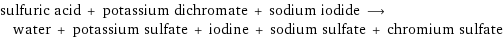 sulfuric acid + potassium dichromate + sodium iodide ⟶ water + potassium sulfate + iodine + sodium sulfate + chromium sulfate