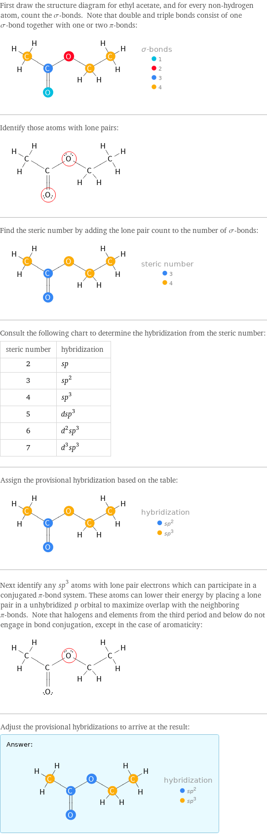 First draw the structure diagram for ethyl acetate, and for every non-hydrogen atom, count the σ-bonds. Note that double and triple bonds consist of one σ-bond together with one or two π-bonds:  Identify those atoms with lone pairs:  Find the steric number by adding the lone pair count to the number of σ-bonds:  Consult the following chart to determine the hybridization from the steric number: steric number | hybridization 2 | sp 3 | sp^2 4 | sp^3 5 | dsp^3 6 | d^2sp^3 7 | d^3sp^3 Assign the provisional hybridization based on the table:  Next identify any sp^3 atoms with lone pair electrons which can participate in a conjugated π-bond system. These atoms can lower their energy by placing a lone pair in a unhybridized p orbital to maximize overlap with the neighboring π-bonds. Note that halogens and elements from the third period and below do not engage in bond conjugation, except in the case of aromaticity:  Adjust the provisional hybridizations to arrive at the result: Answer: |   | 