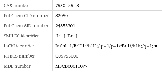 CAS number | 7550-35-8 PubChem CID number | 82050 PubChem SID number | 24853301 SMILES identifier | [Li+].[Br-] InChI identifier | InChI=1/BrH.Li/h1H;/q;+1/p-1/fBr.Li/h1h;/q-1;m RTECS number | OJ5755000 MDL number | MFCD00011077