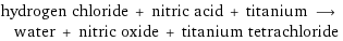 hydrogen chloride + nitric acid + titanium ⟶ water + nitric oxide + titanium tetrachloride