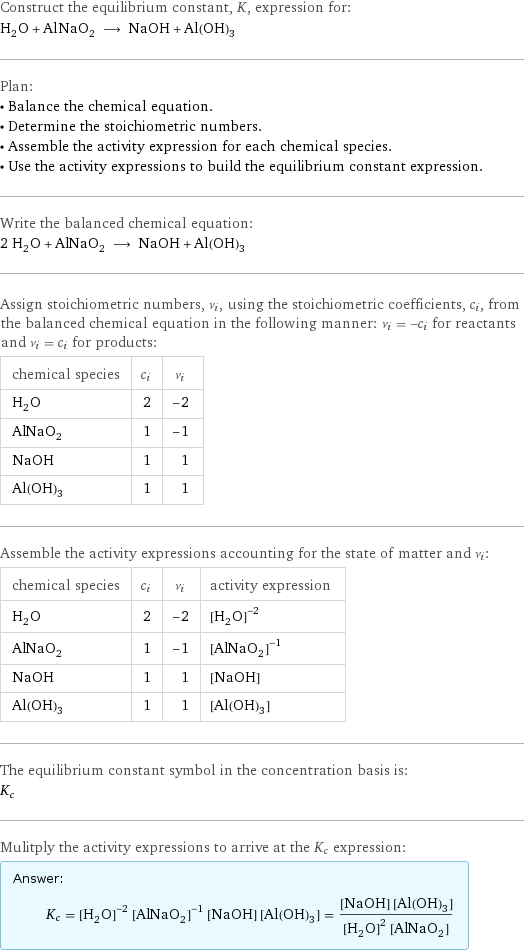 Construct the equilibrium constant, K, expression for: H_2O + AlNaO_2 ⟶ NaOH + Al(OH)_3 Plan: • Balance the chemical equation. • Determine the stoichiometric numbers. • Assemble the activity expression for each chemical species. • Use the activity expressions to build the equilibrium constant expression. Write the balanced chemical equation: 2 H_2O + AlNaO_2 ⟶ NaOH + Al(OH)_3 Assign stoichiometric numbers, ν_i, using the stoichiometric coefficients, c_i, from the balanced chemical equation in the following manner: ν_i = -c_i for reactants and ν_i = c_i for products: chemical species | c_i | ν_i H_2O | 2 | -2 AlNaO_2 | 1 | -1 NaOH | 1 | 1 Al(OH)_3 | 1 | 1 Assemble the activity expressions accounting for the state of matter and ν_i: chemical species | c_i | ν_i | activity expression H_2O | 2 | -2 | ([H2O])^(-2) AlNaO_2 | 1 | -1 | ([AlNaO2])^(-1) NaOH | 1 | 1 | [NaOH] Al(OH)_3 | 1 | 1 | [Al(OH)3] The equilibrium constant symbol in the concentration basis is: K_c Mulitply the activity expressions to arrive at the K_c expression: Answer: |   | K_c = ([H2O])^(-2) ([AlNaO2])^(-1) [NaOH] [Al(OH)3] = ([NaOH] [Al(OH)3])/(([H2O])^2 [AlNaO2])