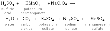 H_2SO_4 sulfuric acid + KMnO_4 potassium permanganate + NaC2O4 ⟶ H_2O water + CO_2 carbon dioxide + K_2SO_4 potassium sulfate + Na_2SO_4 sodium sulfate + MnSO_4 manganese(II) sulfate