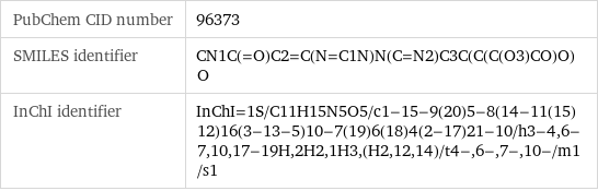 PubChem CID number | 96373 SMILES identifier | CN1C(=O)C2=C(N=C1N)N(C=N2)C3C(C(C(O3)CO)O)O InChI identifier | InChI=1S/C11H15N5O5/c1-15-9(20)5-8(14-11(15)12)16(3-13-5)10-7(19)6(18)4(2-17)21-10/h3-4, 6-7, 10, 17-19H, 2H2, 1H3, (H2, 12, 14)/t4-, 6-, 7-, 10-/m1/s1