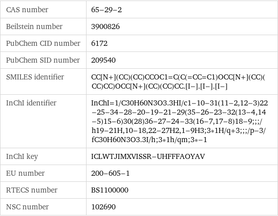 CAS number | 65-29-2 Beilstein number | 3900826 PubChem CID number | 6172 PubChem SID number | 209540 SMILES identifier | CC[N+](CC)(CC)CCOC1=C(C(=CC=C1)OCC[N+](CC)(CC)CC)OCC[N+](CC)(CC)CC.[I-].[I-].[I-] InChI identifier | InChI=1/C30H60N3O3.3HI/c1-10-31(11-2, 12-3)22-25-34-28-20-19-21-29(35-26-23-32(13-4, 14-5)15-6)30(28)36-27-24-33(16-7, 17-8)18-9;;;/h19-21H, 10-18, 22-27H2, 1-9H3;3*1H/q+3;;;/p-3/fC30H60N3O3.3I/h;3*1h/qm;3*-1 InChI key | ICLWTJIMXVISSR-UHFFFAOYAV EU number | 200-605-1 RTECS number | BS1100000 NSC number | 102690