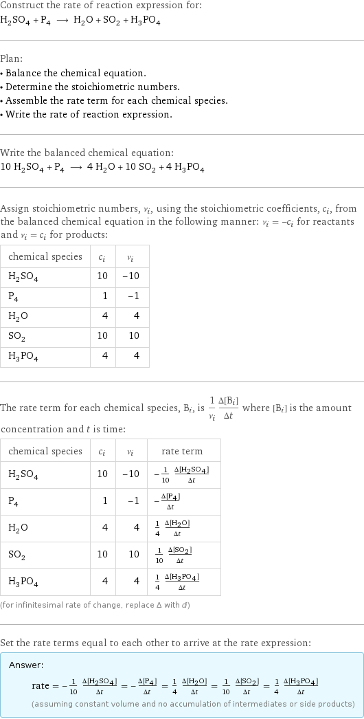 Construct the rate of reaction expression for: H_2SO_4 + P_4 ⟶ H_2O + SO_2 + H_3PO_4 Plan: • Balance the chemical equation. • Determine the stoichiometric numbers. • Assemble the rate term for each chemical species. • Write the rate of reaction expression. Write the balanced chemical equation: 10 H_2SO_4 + P_4 ⟶ 4 H_2O + 10 SO_2 + 4 H_3PO_4 Assign stoichiometric numbers, ν_i, using the stoichiometric coefficients, c_i, from the balanced chemical equation in the following manner: ν_i = -c_i for reactants and ν_i = c_i for products: chemical species | c_i | ν_i H_2SO_4 | 10 | -10 P_4 | 1 | -1 H_2O | 4 | 4 SO_2 | 10 | 10 H_3PO_4 | 4 | 4 The rate term for each chemical species, B_i, is 1/ν_i(Δ[B_i])/(Δt) where [B_i] is the amount concentration and t is time: chemical species | c_i | ν_i | rate term H_2SO_4 | 10 | -10 | -1/10 (Δ[H2SO4])/(Δt) P_4 | 1 | -1 | -(Δ[P4])/(Δt) H_2O | 4 | 4 | 1/4 (Δ[H2O])/(Δt) SO_2 | 10 | 10 | 1/10 (Δ[SO2])/(Δt) H_3PO_4 | 4 | 4 | 1/4 (Δ[H3PO4])/(Δt) (for infinitesimal rate of change, replace Δ with d) Set the rate terms equal to each other to arrive at the rate expression: Answer: |   | rate = -1/10 (Δ[H2SO4])/(Δt) = -(Δ[P4])/(Δt) = 1/4 (Δ[H2O])/(Δt) = 1/10 (Δ[SO2])/(Δt) = 1/4 (Δ[H3PO4])/(Δt) (assuming constant volume and no accumulation of intermediates or side products)