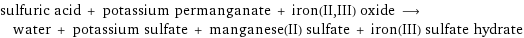 sulfuric acid + potassium permanganate + iron(II, III) oxide ⟶ water + potassium sulfate + manganese(II) sulfate + iron(III) sulfate hydrate