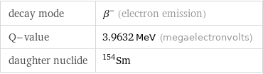 decay mode | β^- (electron emission) Q-value | 3.9632 MeV (megaelectronvolts) daughter nuclide | Sm-154
