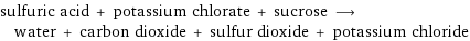 sulfuric acid + potassium chlorate + sucrose ⟶ water + carbon dioxide + sulfur dioxide + potassium chloride