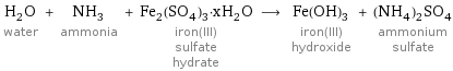 H_2O water + NH_3 ammonia + Fe_2(SO_4)_3·xH_2O iron(III) sulfate hydrate ⟶ Fe(OH)_3 iron(III) hydroxide + (NH_4)_2SO_4 ammonium sulfate