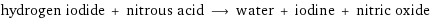 hydrogen iodide + nitrous acid ⟶ water + iodine + nitric oxide