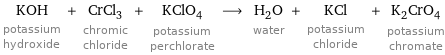 KOH potassium hydroxide + CrCl_3 chromic chloride + KClO_4 potassium perchlorate ⟶ H_2O water + KCl potassium chloride + K_2CrO_4 potassium chromate