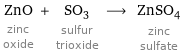 ZnO zinc oxide + SO_3 sulfur trioxide ⟶ ZnSO_4 zinc sulfate