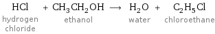 HCl hydrogen chloride + CH_3CH_2OH ethanol ⟶ H_2O water + C_2H_5Cl chloroethane