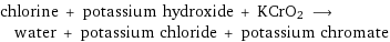 chlorine + potassium hydroxide + KCrO2 ⟶ water + potassium chloride + potassium chromate