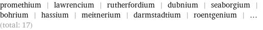 promethium | lawrencium | rutherfordium | dubnium | seaborgium | bohrium | hassium | meitnerium | darmstadtium | roentgenium | ... (total: 17)