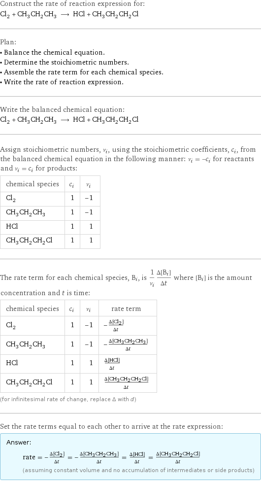 Construct the rate of reaction expression for: Cl_2 + CH_3CH_2CH_3 ⟶ HCl + CH_3CH_2CH_2Cl Plan: • Balance the chemical equation. • Determine the stoichiometric numbers. • Assemble the rate term for each chemical species. • Write the rate of reaction expression. Write the balanced chemical equation: Cl_2 + CH_3CH_2CH_3 ⟶ HCl + CH_3CH_2CH_2Cl Assign stoichiometric numbers, ν_i, using the stoichiometric coefficients, c_i, from the balanced chemical equation in the following manner: ν_i = -c_i for reactants and ν_i = c_i for products: chemical species | c_i | ν_i Cl_2 | 1 | -1 CH_3CH_2CH_3 | 1 | -1 HCl | 1 | 1 CH_3CH_2CH_2Cl | 1 | 1 The rate term for each chemical species, B_i, is 1/ν_i(Δ[B_i])/(Δt) where [B_i] is the amount concentration and t is time: chemical species | c_i | ν_i | rate term Cl_2 | 1 | -1 | -(Δ[Cl2])/(Δt) CH_3CH_2CH_3 | 1 | -1 | -(Δ[CH3CH2CH3])/(Δt) HCl | 1 | 1 | (Δ[HCl])/(Δt) CH_3CH_2CH_2Cl | 1 | 1 | (Δ[CH3CH2CH2Cl])/(Δt) (for infinitesimal rate of change, replace Δ with d) Set the rate terms equal to each other to arrive at the rate expression: Answer: |   | rate = -(Δ[Cl2])/(Δt) = -(Δ[CH3CH2CH3])/(Δt) = (Δ[HCl])/(Δt) = (Δ[CH3CH2CH2Cl])/(Δt) (assuming constant volume and no accumulation of intermediates or side products)