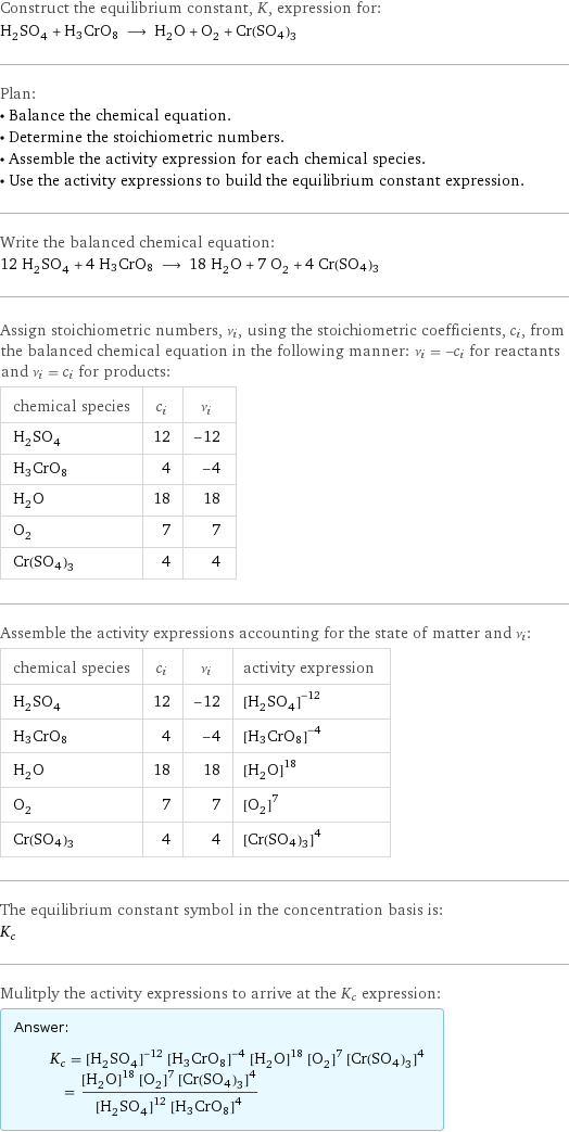 Construct the equilibrium constant, K, expression for: H_2SO_4 + H3CrO8 ⟶ H_2O + O_2 + Cr(SO4)3 Plan: • Balance the chemical equation. • Determine the stoichiometric numbers. • Assemble the activity expression for each chemical species. • Use the activity expressions to build the equilibrium constant expression. Write the balanced chemical equation: 12 H_2SO_4 + 4 H3CrO8 ⟶ 18 H_2O + 7 O_2 + 4 Cr(SO4)3 Assign stoichiometric numbers, ν_i, using the stoichiometric coefficients, c_i, from the balanced chemical equation in the following manner: ν_i = -c_i for reactants and ν_i = c_i for products: chemical species | c_i | ν_i H_2SO_4 | 12 | -12 H3CrO8 | 4 | -4 H_2O | 18 | 18 O_2 | 7 | 7 Cr(SO4)3 | 4 | 4 Assemble the activity expressions accounting for the state of matter and ν_i: chemical species | c_i | ν_i | activity expression H_2SO_4 | 12 | -12 | ([H2SO4])^(-12) H3CrO8 | 4 | -4 | ([H3CrO8])^(-4) H_2O | 18 | 18 | ([H2O])^18 O_2 | 7 | 7 | ([O2])^7 Cr(SO4)3 | 4 | 4 | ([Cr(SO4)3])^4 The equilibrium constant symbol in the concentration basis is: K_c Mulitply the activity expressions to arrive at the K_c expression: Answer: |   | K_c = ([H2SO4])^(-12) ([H3CrO8])^(-4) ([H2O])^18 ([O2])^7 ([Cr(SO4)3])^4 = (([H2O])^18 ([O2])^7 ([Cr(SO4)3])^4)/(([H2SO4])^12 ([H3CrO8])^4)