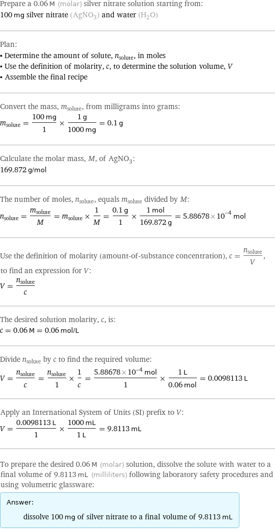 Prepare a 0.06 M (molar) silver nitrate solution starting from: 100 mg silver nitrate (AgNO_3) and water (H_2O) Plan: • Determine the amount of solute, n_solute, in moles • Use the definition of molarity, c, to determine the solution volume, V • Assemble the final recipe Convert the mass, m_solute, from milligrams into grams: m_solute = (100 mg)/1 × (1 g)/(1000 mg) = 0.1 g Calculate the molar mass, M, of AgNO_3: 169.872 g/mol The number of moles, n_solute, equals m_solute divided by M: n_solute = m_solute/M = m_solute × 1/M = (0.1 g)/1 × (1 mol)/(169.872 g) = 5.88678×10^-4 mol Use the definition of molarity (amount-of-substance concentration), c = n_solute/V, to find an expression for V: V = n_solute/c The desired solution molarity, c, is: c = 0.06 M = 0.06 mol/L Divide n_solute by c to find the required volume: V = n_solute/c = n_solute/1 × 1/c = (5.88678×10^-4 mol)/1 × (1 L)/(0.06 mol) = 0.0098113 L Apply an International System of Units (SI) prefix to V: V = (0.0098113 L)/1 × (1000 mL)/(1 L) = 9.8113 mL To prepare the desired 0.06 M (molar) solution, dissolve the solute with water to a final volume of 9.8113 mL (milliliters) following laboratory safety procedures and using volumetric glassware: Answer: |   | dissolve 100 mg of silver nitrate to a final volume of 9.8113 mL