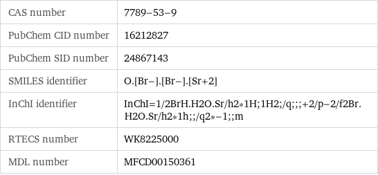 CAS number | 7789-53-9 PubChem CID number | 16212827 PubChem SID number | 24867143 SMILES identifier | O.[Br-].[Br-].[Sr+2] InChI identifier | InChI=1/2BrH.H2O.Sr/h2*1H;1H2;/q;;;+2/p-2/f2Br.H2O.Sr/h2*1h;;/q2*-1;;m RTECS number | WK8225000 MDL number | MFCD00150361