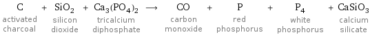 C activated charcoal + SiO_2 silicon dioxide + Ca_3(PO_4)_2 tricalcium diphosphate ⟶ CO carbon monoxide + P red phosphorus + P_4 white phosphorus + CaSiO_3 calcium silicate