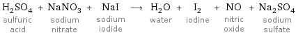 H_2SO_4 sulfuric acid + NaNO_3 sodium nitrate + NaI sodium iodide ⟶ H_2O water + I_2 iodine + NO nitric oxide + Na_2SO_4 sodium sulfate