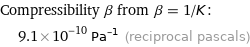 Compressibility β from β = 1/K:  | 9.1×10^-10 Pa^(-1) (reciprocal pascals)