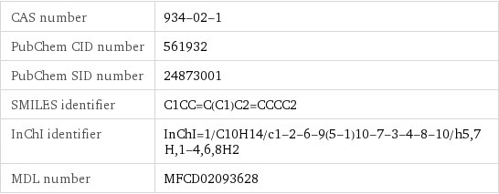CAS number | 934-02-1 PubChem CID number | 561932 PubChem SID number | 24873001 SMILES identifier | C1CC=C(C1)C2=CCCC2 InChI identifier | InChI=1/C10H14/c1-2-6-9(5-1)10-7-3-4-8-10/h5, 7H, 1-4, 6, 8H2 MDL number | MFCD02093628