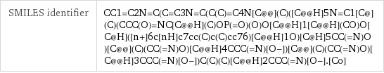 SMILES identifier | CC1=C2N=C(C=C3N=C(C(C)=C4N[C@@](C)([C@@H]5N=C1[C@](C)(CCC(O)=NC[C@@H](C)OP(=O)(O)O[C@@H]1[C@@H](CO)O[C@H]([n+]6c[nH]c7cc(C)c(C)cc76)[C@@H]1O)[C@H]5CC(=N)O)[C@@](C)(CC(=N)O)[C@@H]4CCC(=N)[O-])[C@@](C)(CC(=N)O)[C@@H]3CCC(=N)[O-])C(C)(C)[C@@H]2CCC(=N)[O-].[Co]