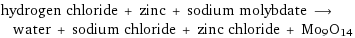 hydrogen chloride + zinc + sodium molybdate ⟶ water + sodium chloride + zinc chloride + Mo9O14