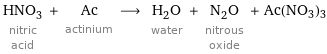 HNO_3 nitric acid + Ac actinium ⟶ H_2O water + N_2O nitrous oxide + Ac(NO3)3