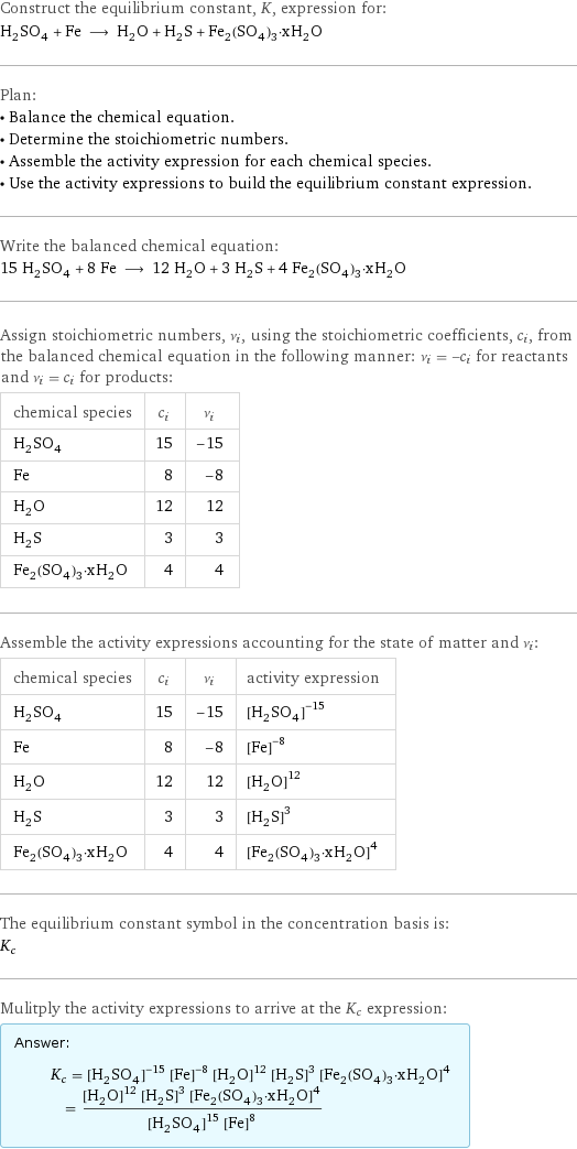 Construct the equilibrium constant, K, expression for: H_2SO_4 + Fe ⟶ H_2O + H_2S + Fe_2(SO_4)_3·xH_2O Plan: • Balance the chemical equation. • Determine the stoichiometric numbers. • Assemble the activity expression for each chemical species. • Use the activity expressions to build the equilibrium constant expression. Write the balanced chemical equation: 15 H_2SO_4 + 8 Fe ⟶ 12 H_2O + 3 H_2S + 4 Fe_2(SO_4)_3·xH_2O Assign stoichiometric numbers, ν_i, using the stoichiometric coefficients, c_i, from the balanced chemical equation in the following manner: ν_i = -c_i for reactants and ν_i = c_i for products: chemical species | c_i | ν_i H_2SO_4 | 15 | -15 Fe | 8 | -8 H_2O | 12 | 12 H_2S | 3 | 3 Fe_2(SO_4)_3·xH_2O | 4 | 4 Assemble the activity expressions accounting for the state of matter and ν_i: chemical species | c_i | ν_i | activity expression H_2SO_4 | 15 | -15 | ([H2SO4])^(-15) Fe | 8 | -8 | ([Fe])^(-8) H_2O | 12 | 12 | ([H2O])^12 H_2S | 3 | 3 | ([H2S])^3 Fe_2(SO_4)_3·xH_2O | 4 | 4 | ([Fe2(SO4)3·xH2O])^4 The equilibrium constant symbol in the concentration basis is: K_c Mulitply the activity expressions to arrive at the K_c expression: Answer: |   | K_c = ([H2SO4])^(-15) ([Fe])^(-8) ([H2O])^12 ([H2S])^3 ([Fe2(SO4)3·xH2O])^4 = (([H2O])^12 ([H2S])^3 ([Fe2(SO4)3·xH2O])^4)/(([H2SO4])^15 ([Fe])^8)