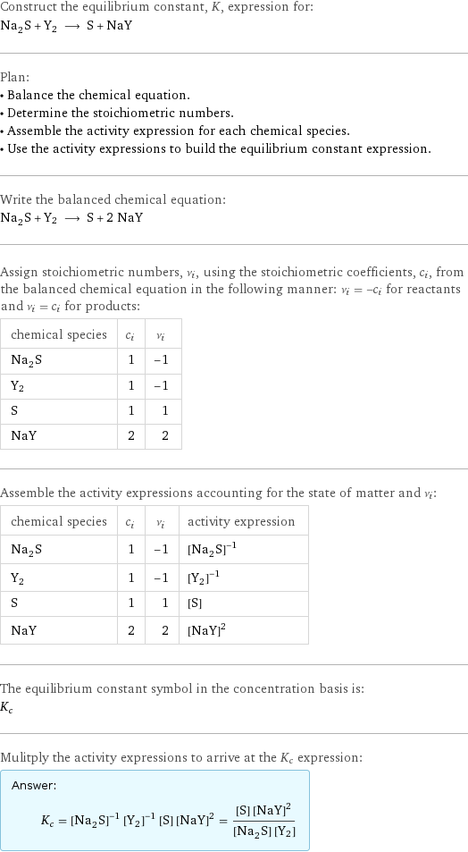 Construct the equilibrium constant, K, expression for: Na_2S + Y2 ⟶ S + NaY Plan: • Balance the chemical equation. • Determine the stoichiometric numbers. • Assemble the activity expression for each chemical species. • Use the activity expressions to build the equilibrium constant expression. Write the balanced chemical equation: Na_2S + Y2 ⟶ S + 2 NaY Assign stoichiometric numbers, ν_i, using the stoichiometric coefficients, c_i, from the balanced chemical equation in the following manner: ν_i = -c_i for reactants and ν_i = c_i for products: chemical species | c_i | ν_i Na_2S | 1 | -1 Y2 | 1 | -1 S | 1 | 1 NaY | 2 | 2 Assemble the activity expressions accounting for the state of matter and ν_i: chemical species | c_i | ν_i | activity expression Na_2S | 1 | -1 | ([Na2S])^(-1) Y2 | 1 | -1 | ([Y2])^(-1) S | 1 | 1 | [S] NaY | 2 | 2 | ([NaY])^2 The equilibrium constant symbol in the concentration basis is: K_c Mulitply the activity expressions to arrive at the K_c expression: Answer: |   | K_c = ([Na2S])^(-1) ([Y2])^(-1) [S] ([NaY])^2 = ([S] ([NaY])^2)/([Na2S] [Y2])