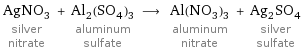 AgNO_3 silver nitrate + Al_2(SO_4)_3 aluminum sulfate ⟶ Al(NO_3)_3 aluminum nitrate + Ag_2SO_4 silver sulfate