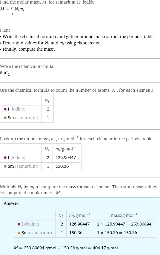 Find the molar mass, M, for samarium(II) iodide: M = sum _iN_im_i Plan: • Write the chemical formula and gather atomic masses from the periodic table. • Determine values for N_i and m_i using these items. • Finally, compute the mass. Write the chemical formula: SmI_2 Use the chemical formula to count the number of atoms, N_i, for each element:  | N_i  I (iodine) | 2  Sm (samarium) | 1 Look up the atomic mass, m_i, in g·mol^(-1) for each element in the periodic table:  | N_i | m_i/g·mol^(-1)  I (iodine) | 2 | 126.90447  Sm (samarium) | 1 | 150.36 Multiply N_i by m_i to compute the mass for each element. Then sum those values to compute the molar mass, M: Answer: |   | | N_i | m_i/g·mol^(-1) | mass/g·mol^(-1)  I (iodine) | 2 | 126.90447 | 2 × 126.90447 = 253.80894  Sm (samarium) | 1 | 150.36 | 1 × 150.36 = 150.36  M = 253.80894 g/mol + 150.36 g/mol = 404.17 g/mol
