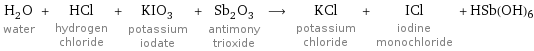 H_2O water + HCl hydrogen chloride + KIO_3 potassium iodate + Sb_2O_3 antimony trioxide ⟶ KCl potassium chloride + ICl iodine monochloride + HSb(OH)6