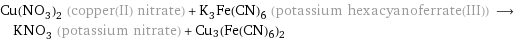 Cu(NO_3)_2 (copper(II) nitrate) + K_3Fe(CN)_6 (potassium hexacyanoferrate(III)) ⟶ KNO_3 (potassium nitrate) + Cu3(Fe(CN)6)2