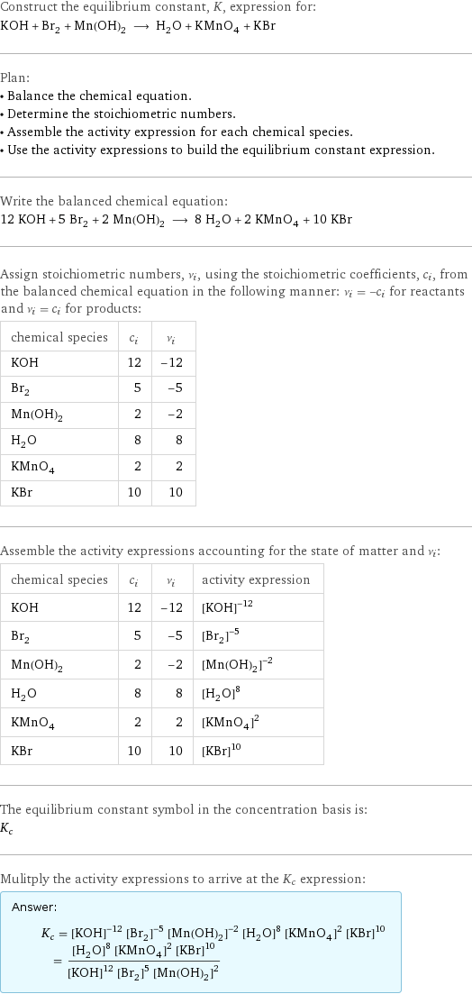 Construct the equilibrium constant, K, expression for: KOH + Br_2 + Mn(OH)_2 ⟶ H_2O + KMnO_4 + KBr Plan: • Balance the chemical equation. • Determine the stoichiometric numbers. • Assemble the activity expression for each chemical species. • Use the activity expressions to build the equilibrium constant expression. Write the balanced chemical equation: 12 KOH + 5 Br_2 + 2 Mn(OH)_2 ⟶ 8 H_2O + 2 KMnO_4 + 10 KBr Assign stoichiometric numbers, ν_i, using the stoichiometric coefficients, c_i, from the balanced chemical equation in the following manner: ν_i = -c_i for reactants and ν_i = c_i for products: chemical species | c_i | ν_i KOH | 12 | -12 Br_2 | 5 | -5 Mn(OH)_2 | 2 | -2 H_2O | 8 | 8 KMnO_4 | 2 | 2 KBr | 10 | 10 Assemble the activity expressions accounting for the state of matter and ν_i: chemical species | c_i | ν_i | activity expression KOH | 12 | -12 | ([KOH])^(-12) Br_2 | 5 | -5 | ([Br2])^(-5) Mn(OH)_2 | 2 | -2 | ([Mn(OH)2])^(-2) H_2O | 8 | 8 | ([H2O])^8 KMnO_4 | 2 | 2 | ([KMnO4])^2 KBr | 10 | 10 | ([KBr])^10 The equilibrium constant symbol in the concentration basis is: K_c Mulitply the activity expressions to arrive at the K_c expression: Answer: |   | K_c = ([KOH])^(-12) ([Br2])^(-5) ([Mn(OH)2])^(-2) ([H2O])^8 ([KMnO4])^2 ([KBr])^10 = (([H2O])^8 ([KMnO4])^2 ([KBr])^10)/(([KOH])^12 ([Br2])^5 ([Mn(OH)2])^2)