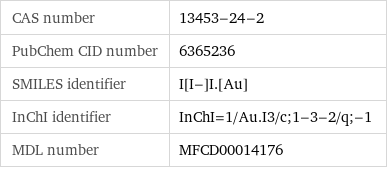 CAS number | 13453-24-2 PubChem CID number | 6365236 SMILES identifier | I[I-]I.[Au] InChI identifier | InChI=1/Au.I3/c;1-3-2/q;-1 MDL number | MFCD00014176