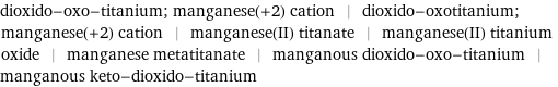 dioxido-oxo-titanium; manganese(+2) cation | dioxido-oxotitanium; manganese(+2) cation | manganese(II) titanate | manganese(II) titanium oxide | manganese metatitanate | manganous dioxido-oxo-titanium | manganous keto-dioxido-titanium