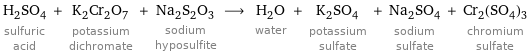 H_2SO_4 sulfuric acid + K_2Cr_2O_7 potassium dichromate + Na_2S_2O_3 sodium hyposulfite ⟶ H_2O water + K_2SO_4 potassium sulfate + Na_2SO_4 sodium sulfate + Cr_2(SO_4)_3 chromium sulfate