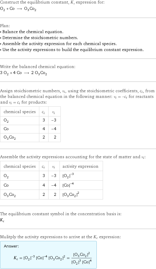 Construct the equilibrium constant, K, expression for: O_2 + Co ⟶ O_3Co_2 Plan: • Balance the chemical equation. • Determine the stoichiometric numbers. • Assemble the activity expression for each chemical species. • Use the activity expressions to build the equilibrium constant expression. Write the balanced chemical equation: 3 O_2 + 4 Co ⟶ 2 O_3Co_2 Assign stoichiometric numbers, ν_i, using the stoichiometric coefficients, c_i, from the balanced chemical equation in the following manner: ν_i = -c_i for reactants and ν_i = c_i for products: chemical species | c_i | ν_i O_2 | 3 | -3 Co | 4 | -4 O_3Co_2 | 2 | 2 Assemble the activity expressions accounting for the state of matter and ν_i: chemical species | c_i | ν_i | activity expression O_2 | 3 | -3 | ([O2])^(-3) Co | 4 | -4 | ([Co])^(-4) O_3Co_2 | 2 | 2 | ([O3Co2])^2 The equilibrium constant symbol in the concentration basis is: K_c Mulitply the activity expressions to arrive at the K_c expression: Answer: |   | K_c = ([O2])^(-3) ([Co])^(-4) ([O3Co2])^2 = ([O3Co2])^2/(([O2])^3 ([Co])^4)