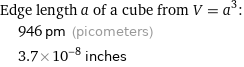 Edge length a of a cube from V = a^3:  | 946 pm (picometers)  | 3.7×10^-8 inches