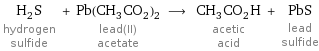 H_2S hydrogen sulfide + Pb(CH_3CO_2)_2 lead(II) acetate ⟶ CH_3CO_2H acetic acid + PbS lead sulfide