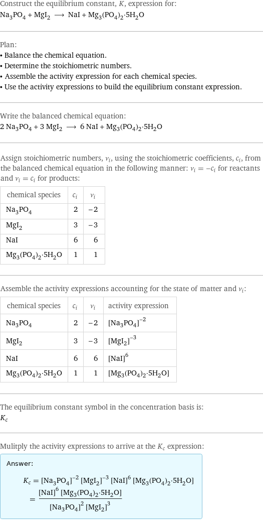 Construct the equilibrium constant, K, expression for: Na_3PO_4 + MgI_2 ⟶ NaI + Mg_3(PO_4)_2·5H_2O Plan: • Balance the chemical equation. • Determine the stoichiometric numbers. • Assemble the activity expression for each chemical species. • Use the activity expressions to build the equilibrium constant expression. Write the balanced chemical equation: 2 Na_3PO_4 + 3 MgI_2 ⟶ 6 NaI + Mg_3(PO_4)_2·5H_2O Assign stoichiometric numbers, ν_i, using the stoichiometric coefficients, c_i, from the balanced chemical equation in the following manner: ν_i = -c_i for reactants and ν_i = c_i for products: chemical species | c_i | ν_i Na_3PO_4 | 2 | -2 MgI_2 | 3 | -3 NaI | 6 | 6 Mg_3(PO_4)_2·5H_2O | 1 | 1 Assemble the activity expressions accounting for the state of matter and ν_i: chemical species | c_i | ν_i | activity expression Na_3PO_4 | 2 | -2 | ([Na3PO4])^(-2) MgI_2 | 3 | -3 | ([MgI2])^(-3) NaI | 6 | 6 | ([NaI])^6 Mg_3(PO_4)_2·5H_2O | 1 | 1 | [Mg3(PO4)2·5H2O] The equilibrium constant symbol in the concentration basis is: K_c Mulitply the activity expressions to arrive at the K_c expression: Answer: |   | K_c = ([Na3PO4])^(-2) ([MgI2])^(-3) ([NaI])^6 [Mg3(PO4)2·5H2O] = (([NaI])^6 [Mg3(PO4)2·5H2O])/(([Na3PO4])^2 ([MgI2])^3)