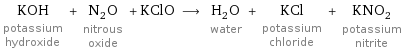 KOH potassium hydroxide + N_2O nitrous oxide + KClO ⟶ H_2O water + KCl potassium chloride + KNO_2 potassium nitrite