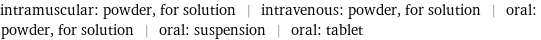 intramuscular: powder, for solution | intravenous: powder, for solution | oral: powder, for solution | oral: suspension | oral: tablet