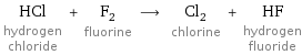 HCl hydrogen chloride + F_2 fluorine ⟶ Cl_2 chlorine + HF hydrogen fluoride