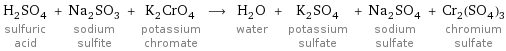 H_2SO_4 sulfuric acid + Na_2SO_3 sodium sulfite + K_2CrO_4 potassium chromate ⟶ H_2O water + K_2SO_4 potassium sulfate + Na_2SO_4 sodium sulfate + Cr_2(SO_4)_3 chromium sulfate