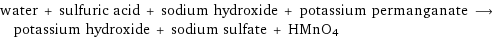 water + sulfuric acid + sodium hydroxide + potassium permanganate ⟶ potassium hydroxide + sodium sulfate + HMnO4